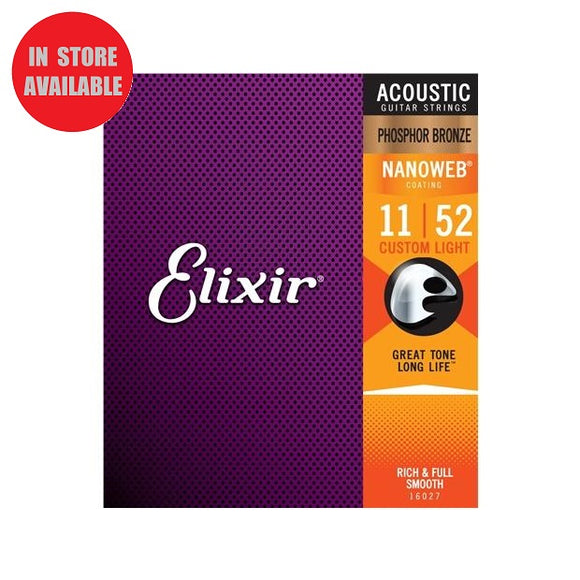 ELIXIR Acoustic Guitar Strings Phosphor Bronze with Nanoweb Coating Custom Light 11-52
